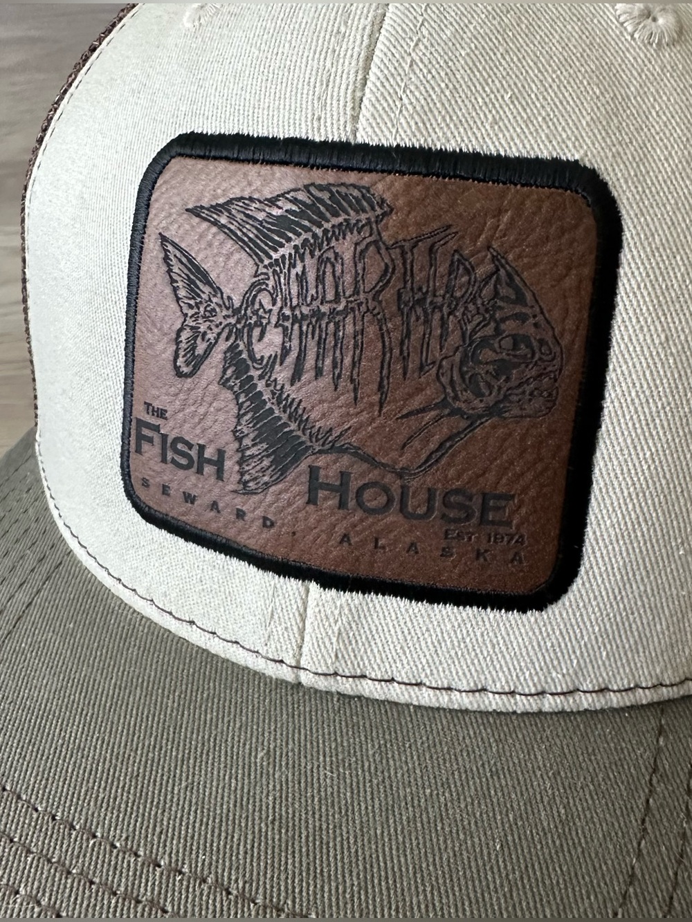 The Fish House Patch Trucker Hat - Cream & Olive (Seward Alaska) - Picture 2 of 6